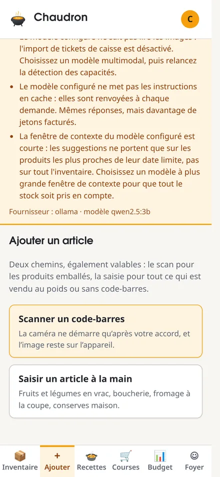 L'écran d'ajout : saisie manuelle d'un produit ou lecture de son code-barres.