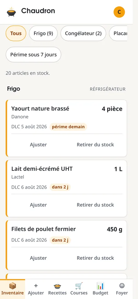 L'écran d'inventaire : une liste de produits avec leur emplacement et leur date de péremption.