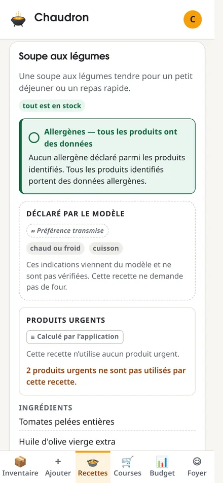 L'écran des recettes : des suggestions générées à partir du stock disponible.